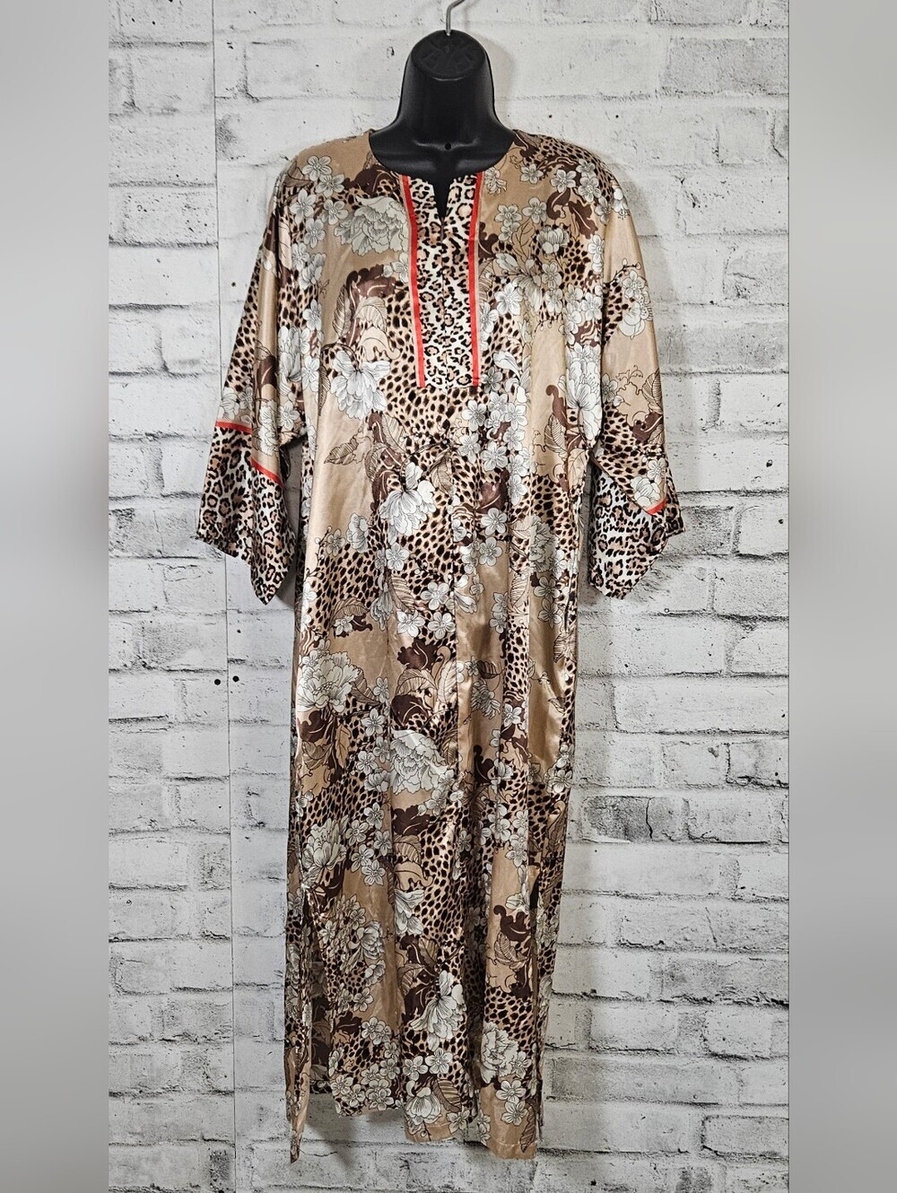 Jones New York Leopard Floral Maxi Dress V Neck Zip Front Medium
